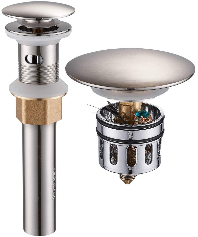 REGALMIX Vessel Sink Drain for Bathroom, Pop-up Drain With Detachable Basket Stopper, Anti-Explosion And Anti-Clogging Drain Strainer, Sink Drain Assembly With Overflow Brushed Nickel, REGALMIX RWF083J - Image 1